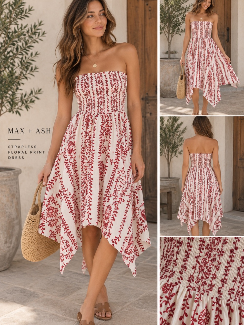 Max + Ash Strapless White Dress Red Floral Print sexy summer casual cotton S